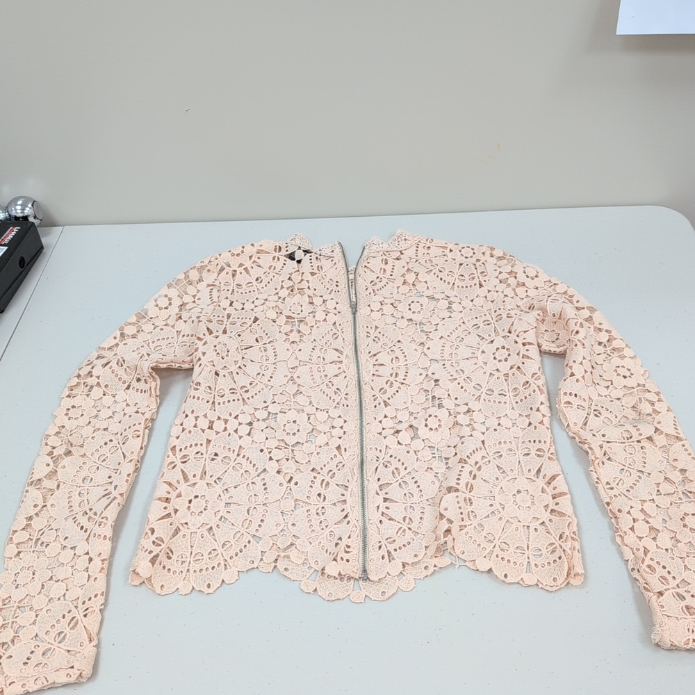 Miss Chievous Lace Crochet Jacket in Light Peach